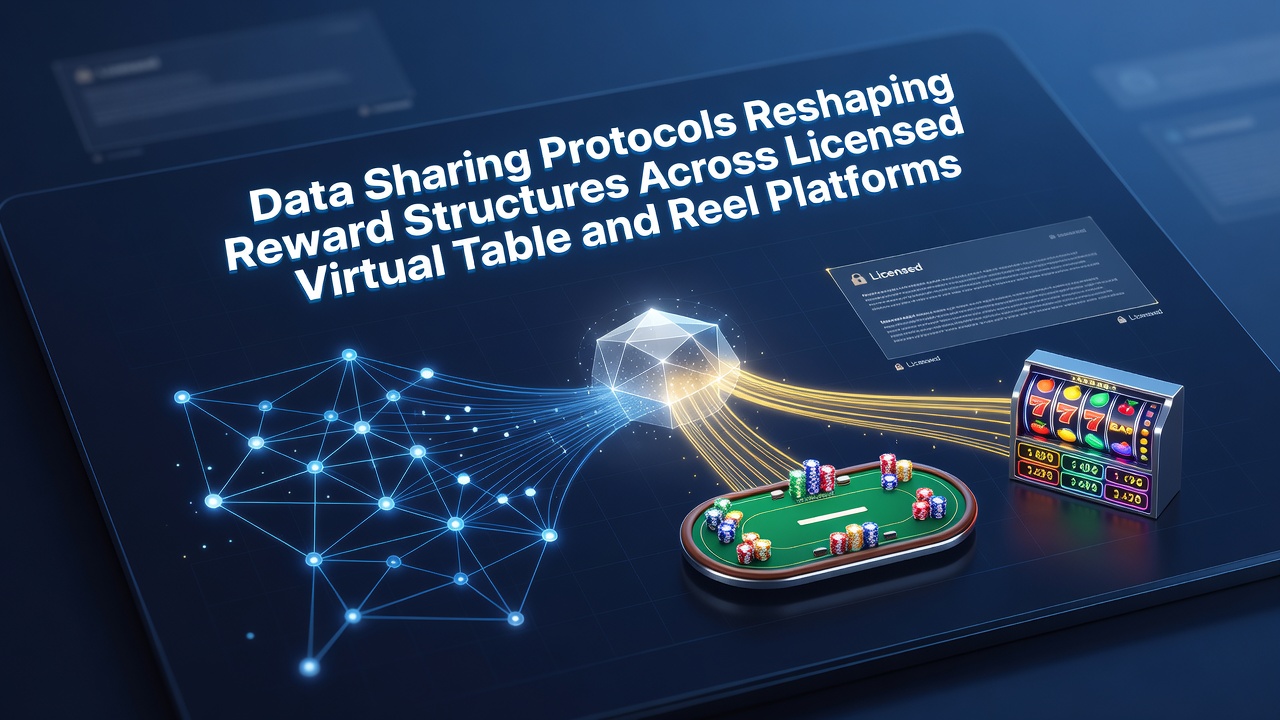 Illustration of interconnected data protocols linking virtual table and reel gaming platforms with reward systems