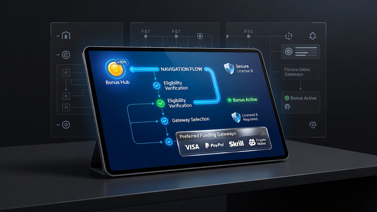 Mobile app navigation screen showing funding options and bonus eligibility indicators in a licensed handheld wagering setup
