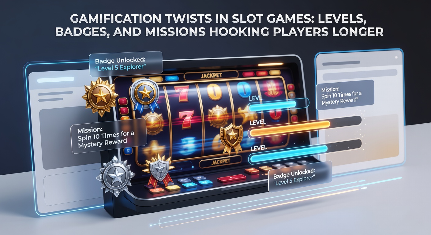 Vibrant slot game screen showing player levels, badges, and mission progress bars glowing with rewards