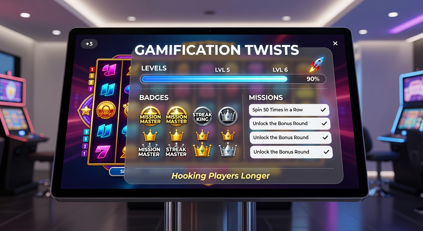 Close-up of slot interface displaying shiny badges for milestones like '1000 spins' and 'big win streak' with celebratory animations