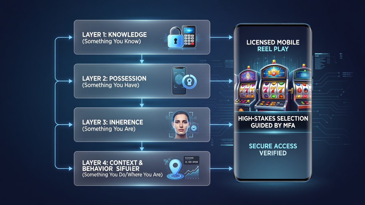 User interface showing layered authentication steps alongside a high-stakes mobile slot game
