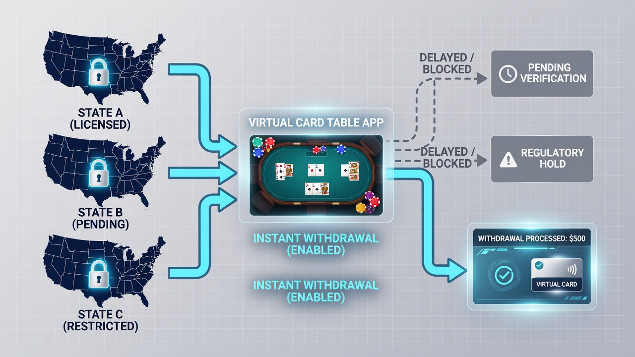 Screenshot of virtual card table app withdrawal screen displaying different processing times based on state license