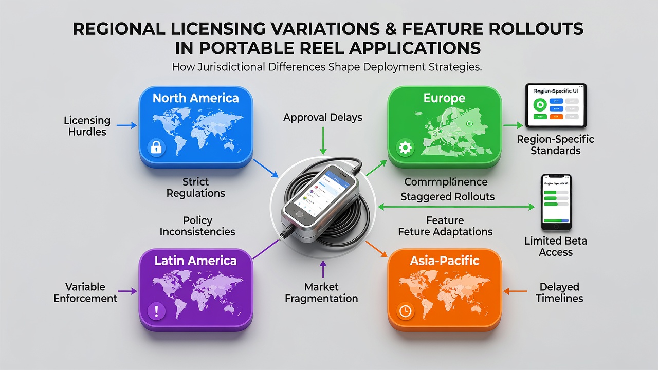 Portable reel application dashboard displaying feature toggles locked by jurisdiction