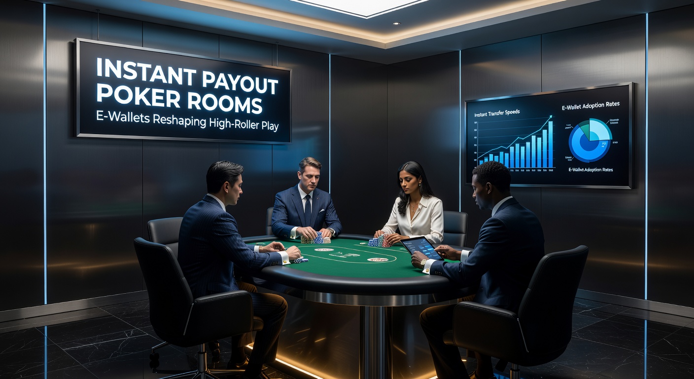 High-stakes poker players at a digital table with e-wallet icons glowing on screens, symbolizing instant cashouts
