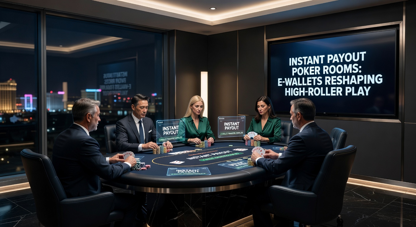 E-wallet logos such as Skrill, Neteller, and ecoPayz connected to poker chips and instant transfer arrows, highlighting speed in high-roller environments