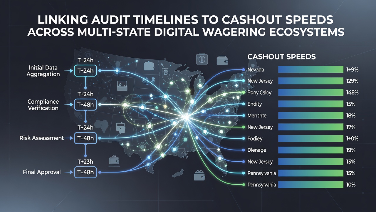 Flowchart illustrating connections between state audit schedules and cashout processing stages in digital wagering networks