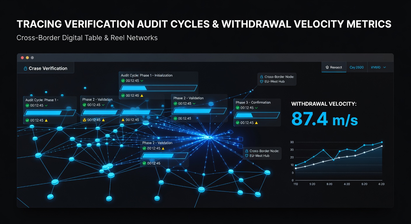 Cross-border digital table and reel network audit visualization showing verification cycles and withdrawal flows